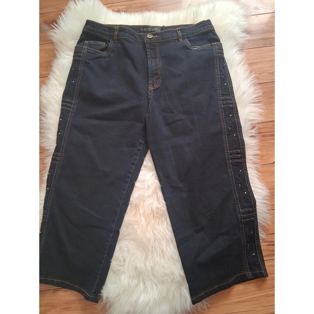 Rich Look Dark Wash Embroidered Sequin Capri Jeans Womens 17W Wide Leg Cropped